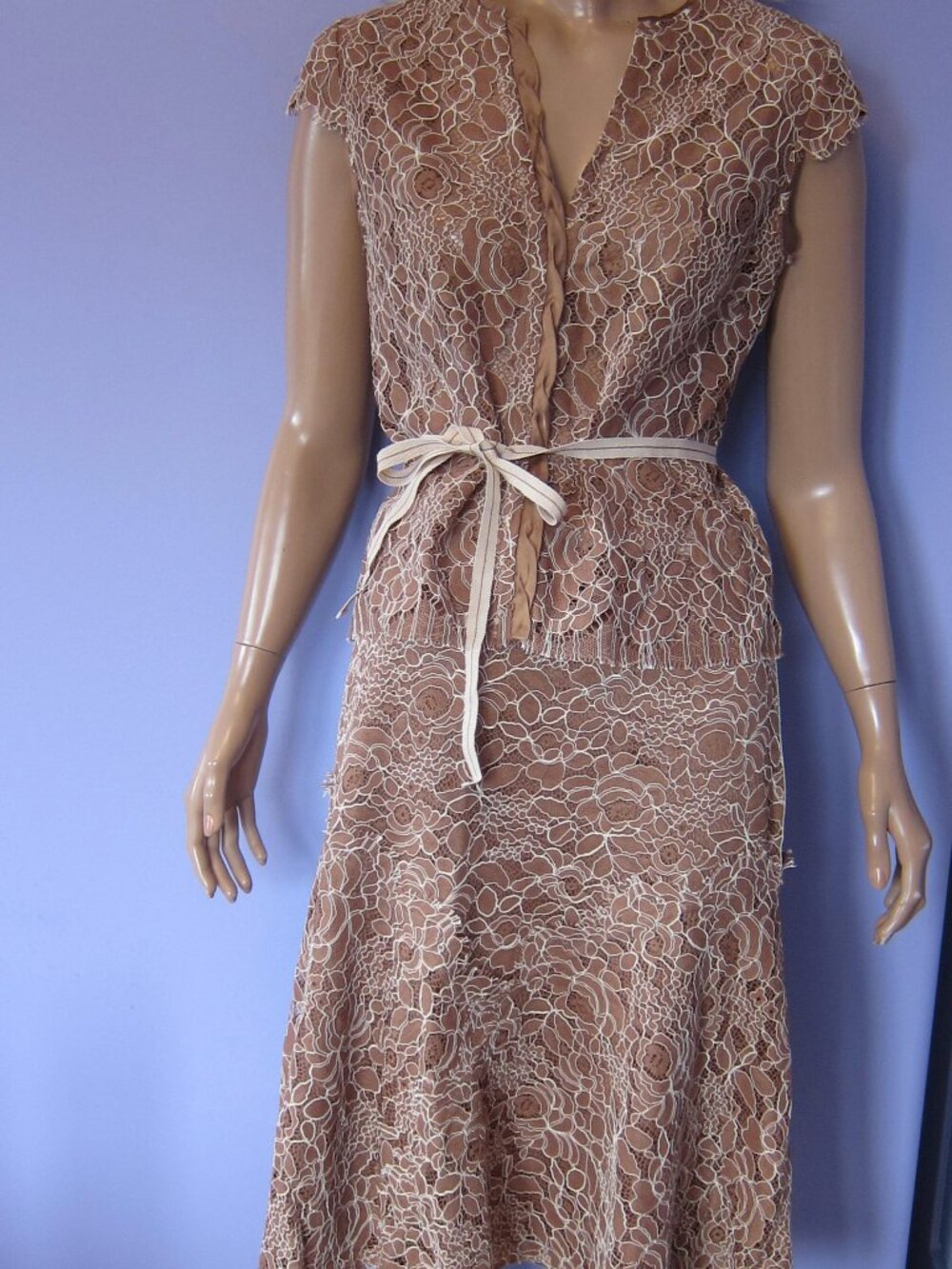 LIDA BADAY Brown Lace Suit Blouse & Skirt Silk Cotton Wedding Size 8
